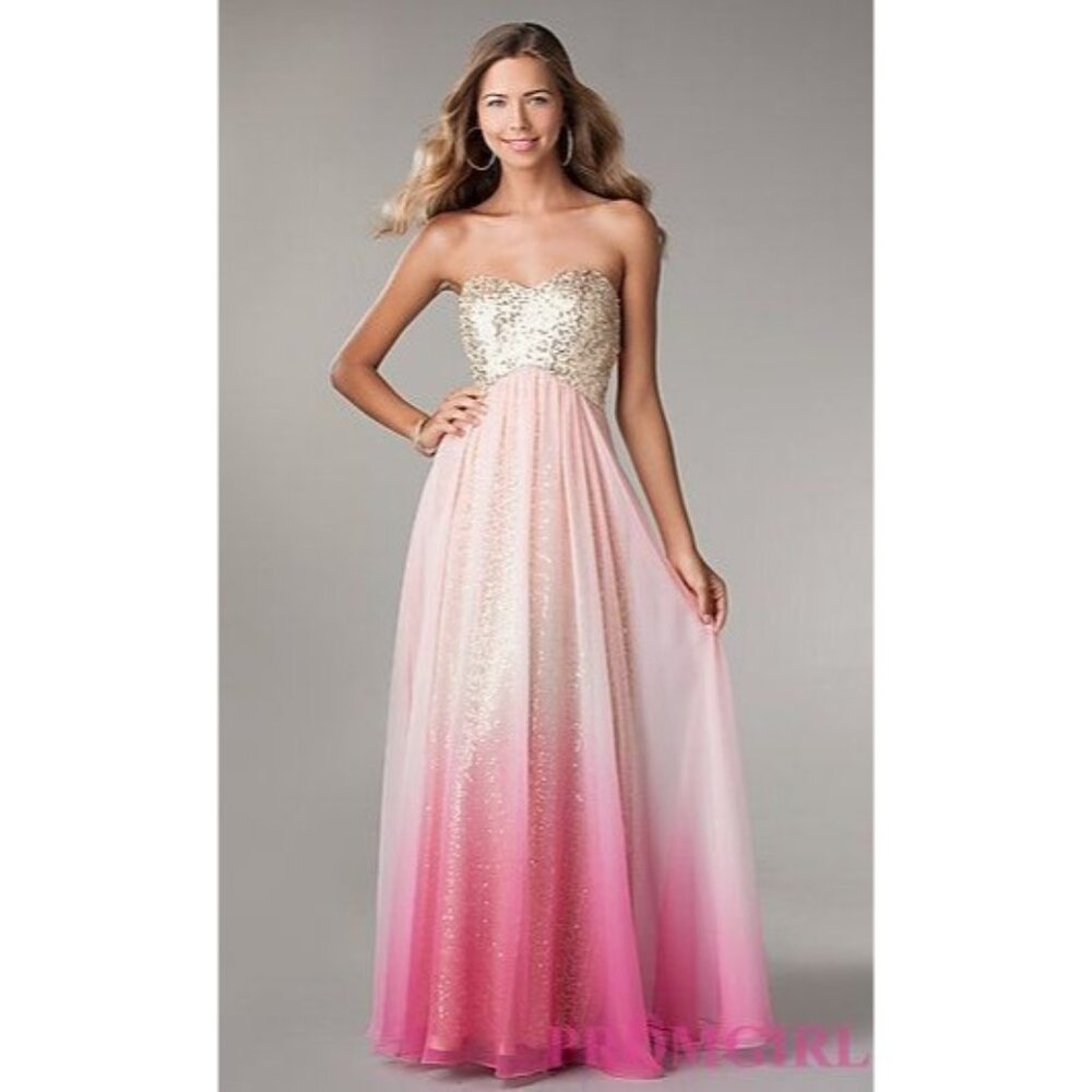 Jump Apparel 9/10 Formal Gold Sequin Pink Ombre Baby Doll Maxi Dress Homecoming